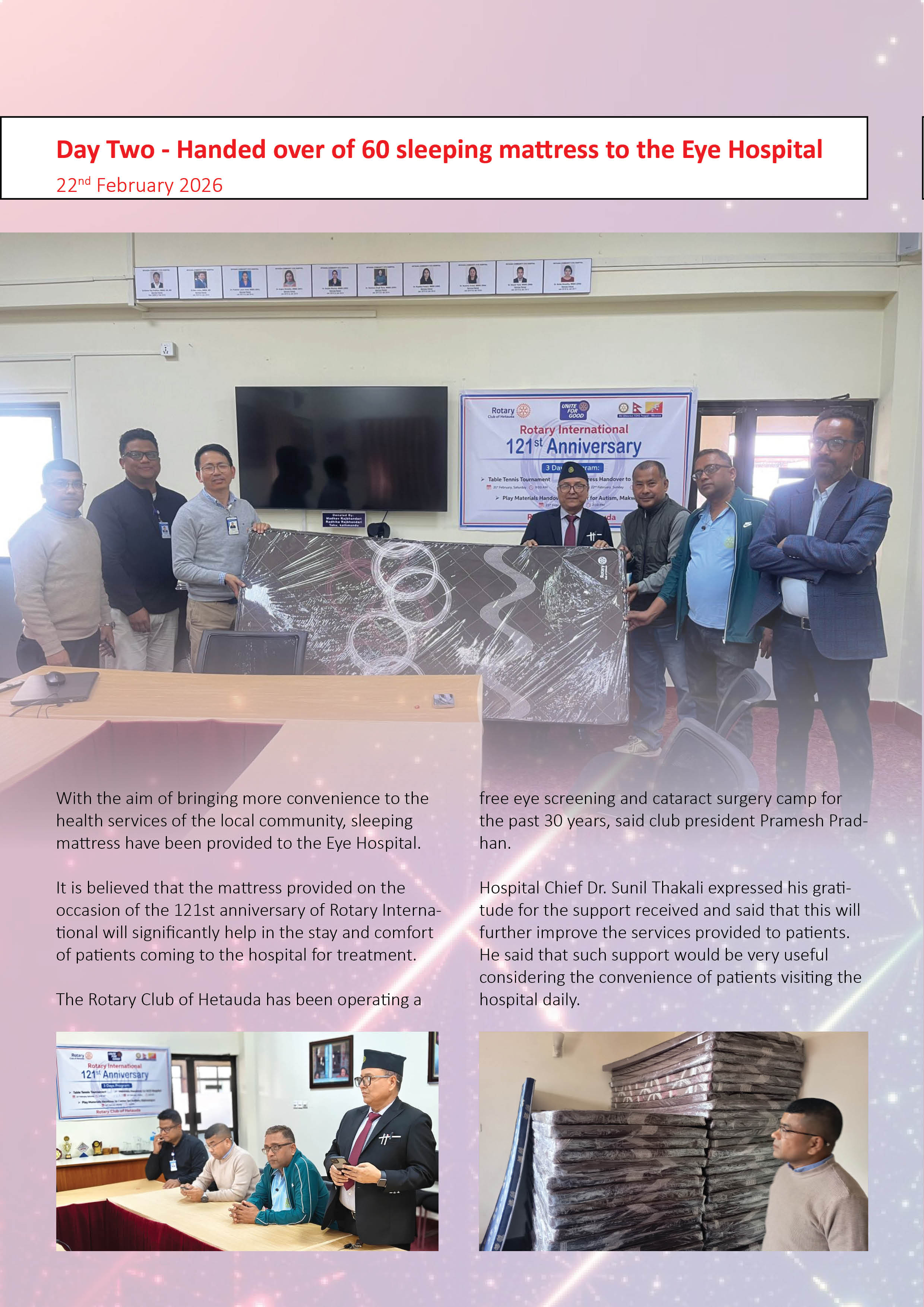 Handed over of 60 sleeping mattress to the Eye Hospital